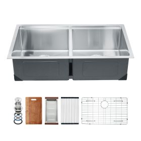 33 inch Kitchen Sink Workstation, 304 Stainless Steel Undermount Sink, Drop-In Double Bowl Farmhouse Basin with Ledge & Multiple Accessories 33 inch Kitchen Sink Workstation, 304 Stainless Steel Undermount Sink, Drop-In Double Bowl Farmhouse Basin with Ledge & Multiple Accessories